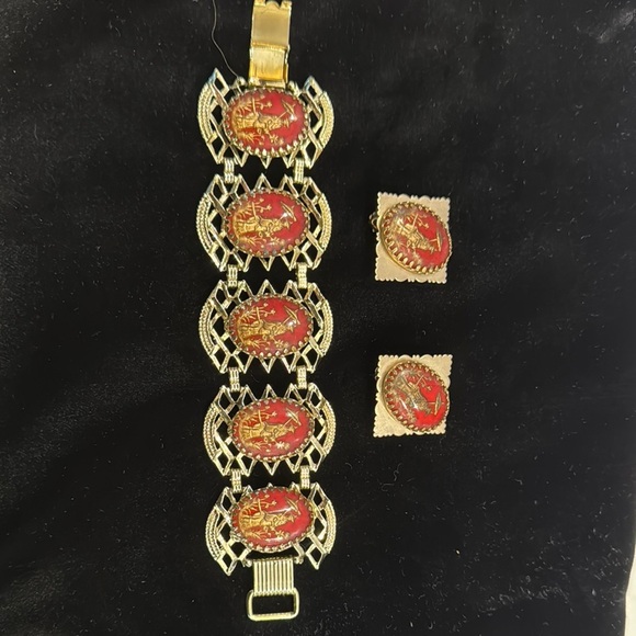 Gold and Red Bracelet and Earring Set - Picture 1 of 4